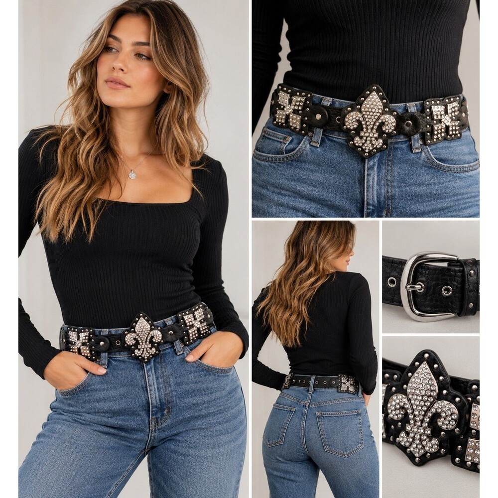Western Rhinestone Fleur de Lis Black Leather Belt Size S Studded Y2K Statement